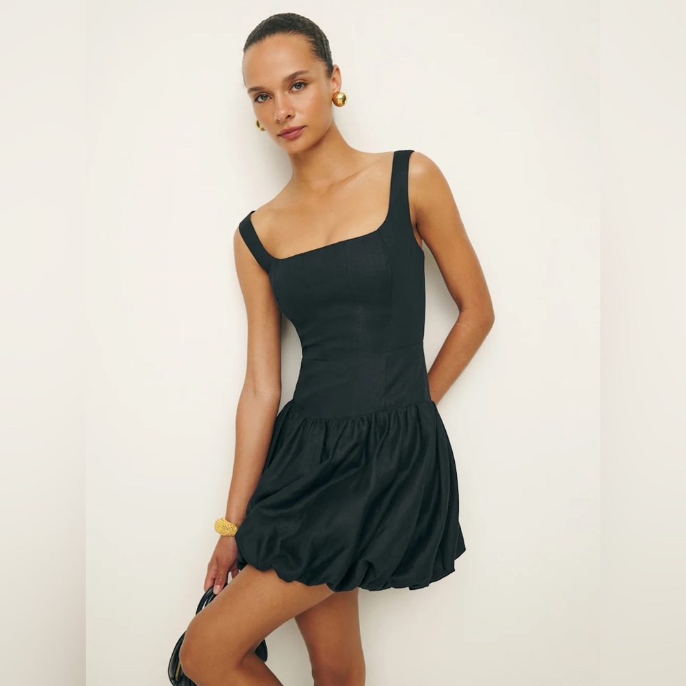 Reformation Black Delia Linen Mini Balloon Shape Dress size 12